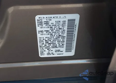 2009 Nissan Murano Sl из США, поврежденный, VIN JN8AZ18W99W212242